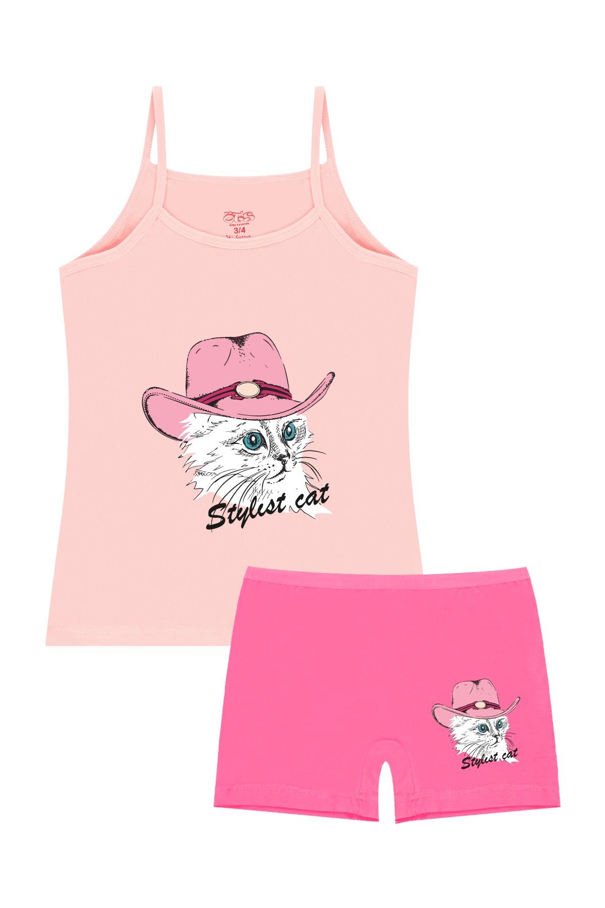 Öts Kız Çocuk Atlet Boxer Likralı Somon Kedi (%96 Pamuk - %4 Elastan)