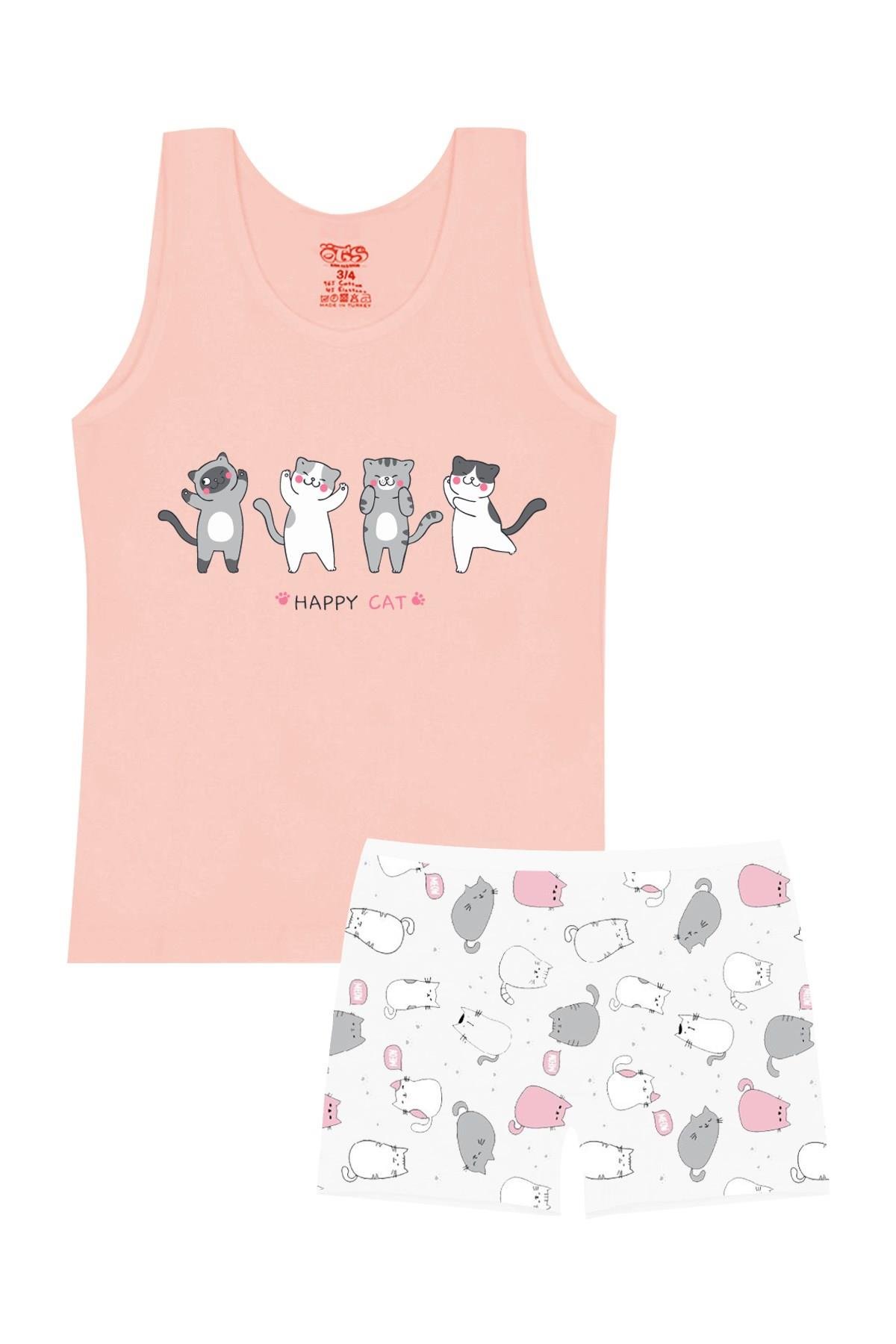 Öts Kız Çocuk Atlet Boxer Likralı Somon Kedi (%96 Pamuk - %4 Elastan)