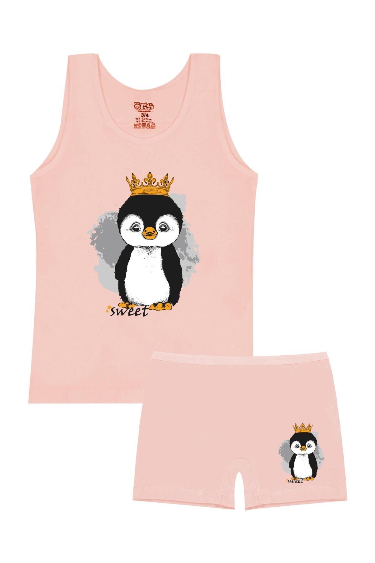 Öts Kız Çocuk Atlet Boxer Likralı Somon Penguen (%96 Pamuk)