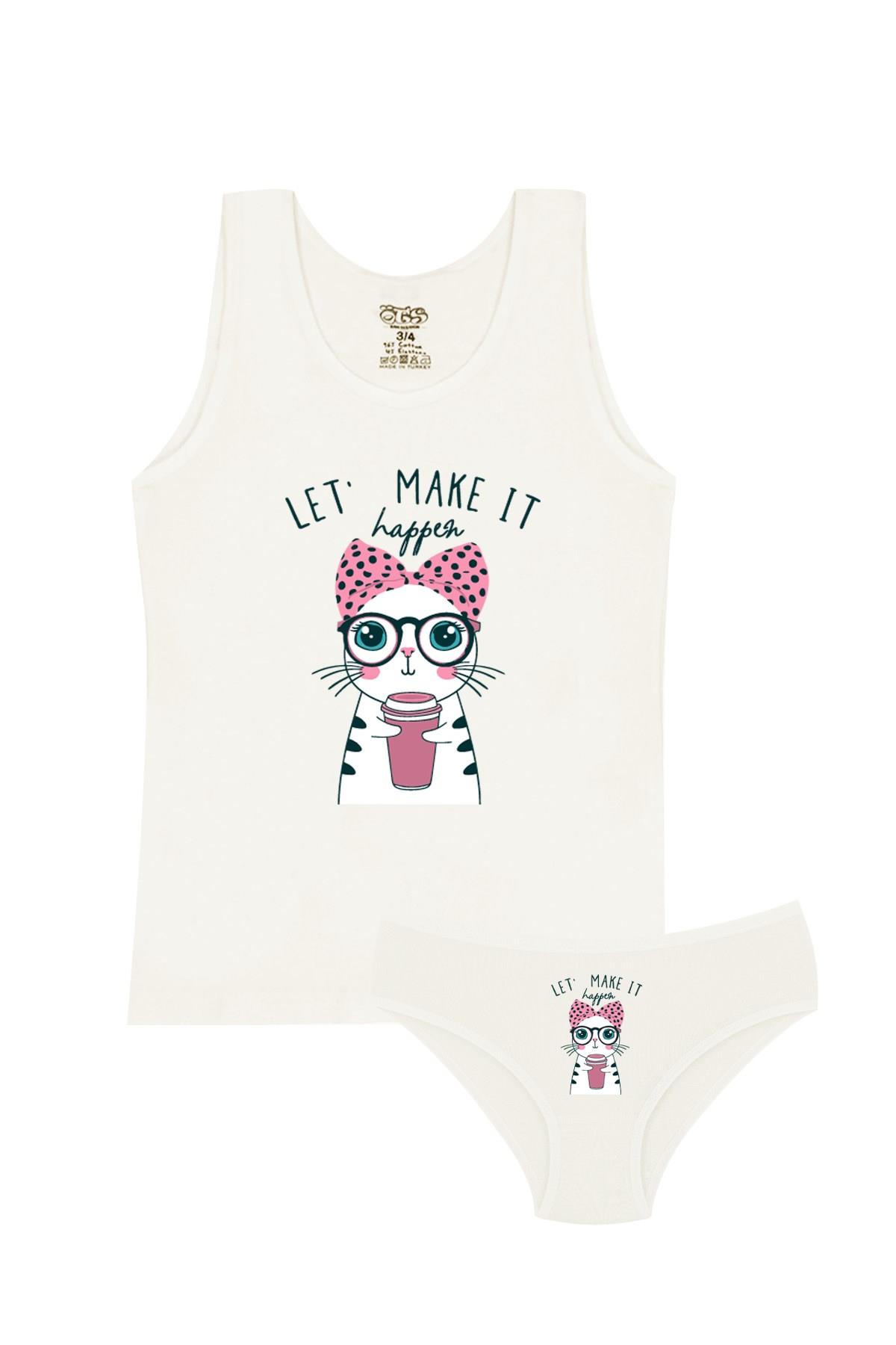 Öts Kız Çocuk Atlet Külot Likralı Ekru Kedi (%96 Pamuk - %4 Elastan)