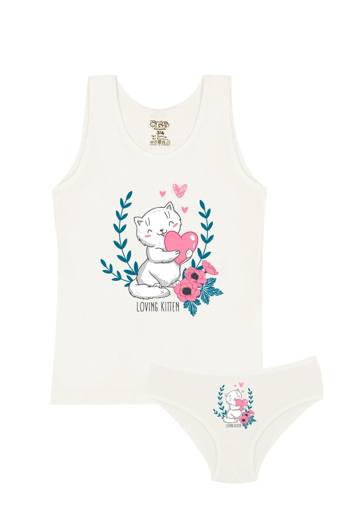 Öts Kız Çocuk Atlet Külot Likralı Ekru Kedi (%96 Pamuk - %4 Elastan)