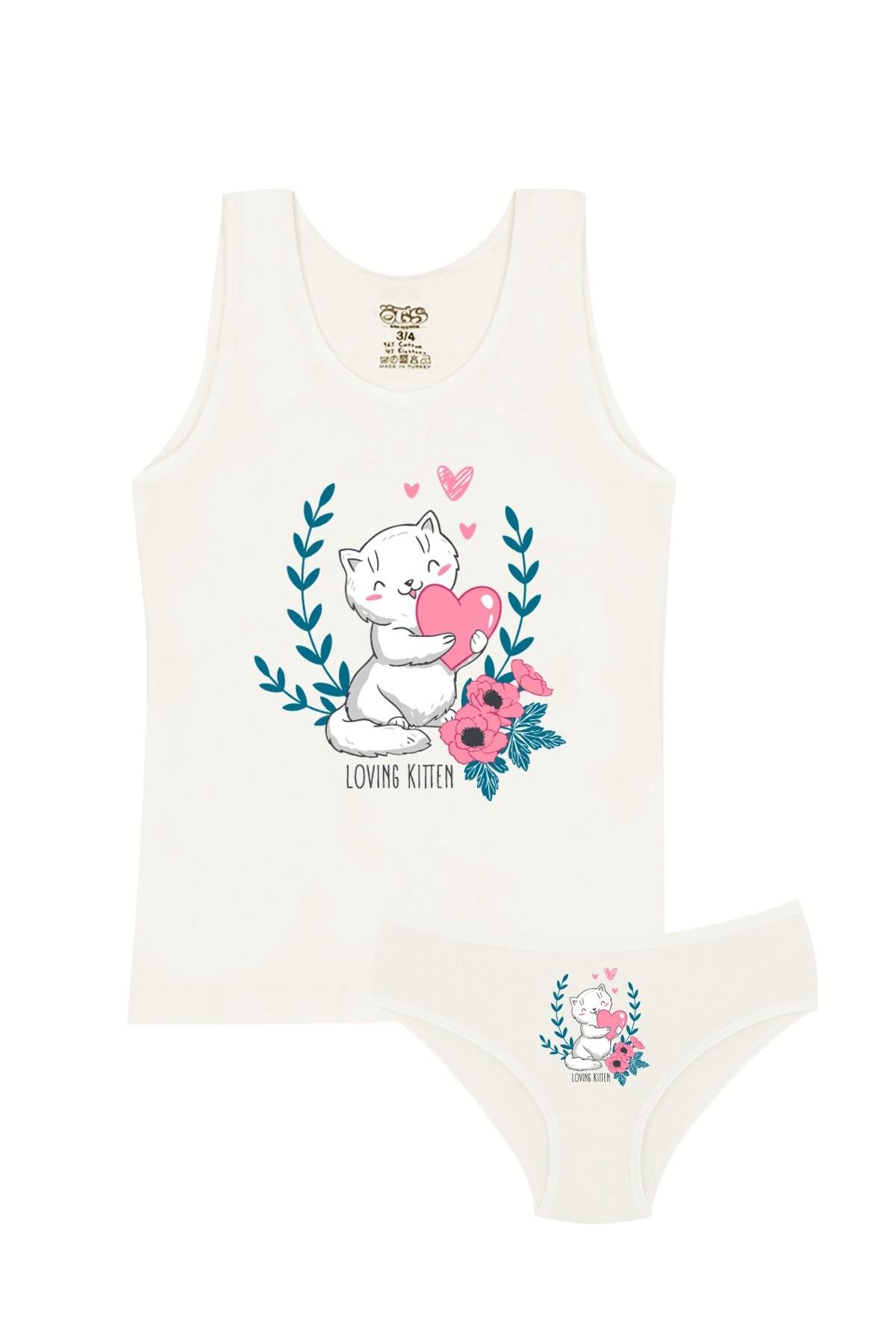 Öts Kız Çocuk Atlet Külot Likralı Ekru Kedi (%96 Pamuk - %4 Elastan)