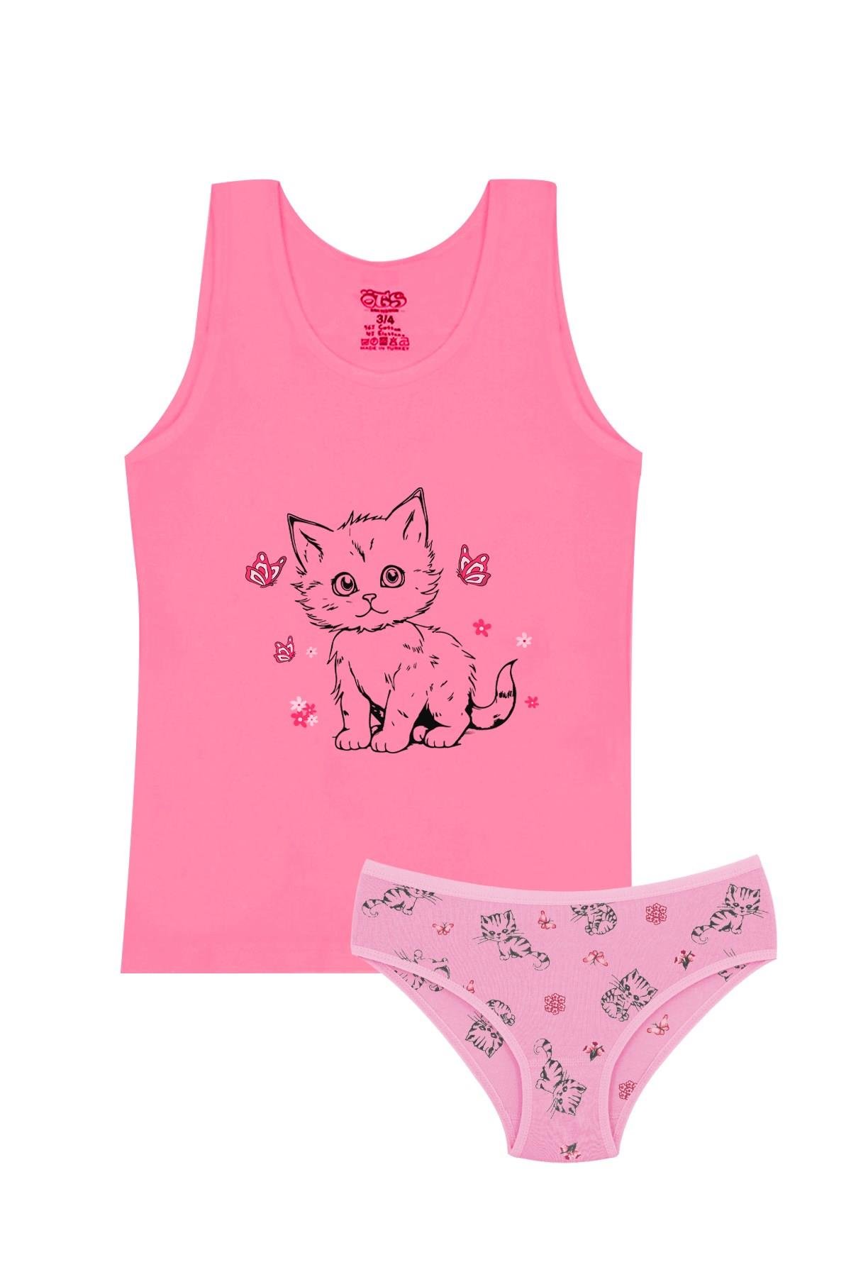 Öts Kız Çocuk Atlet Külot Likralı Nar Kedi (%96 Pamuk - %4 Elastan)