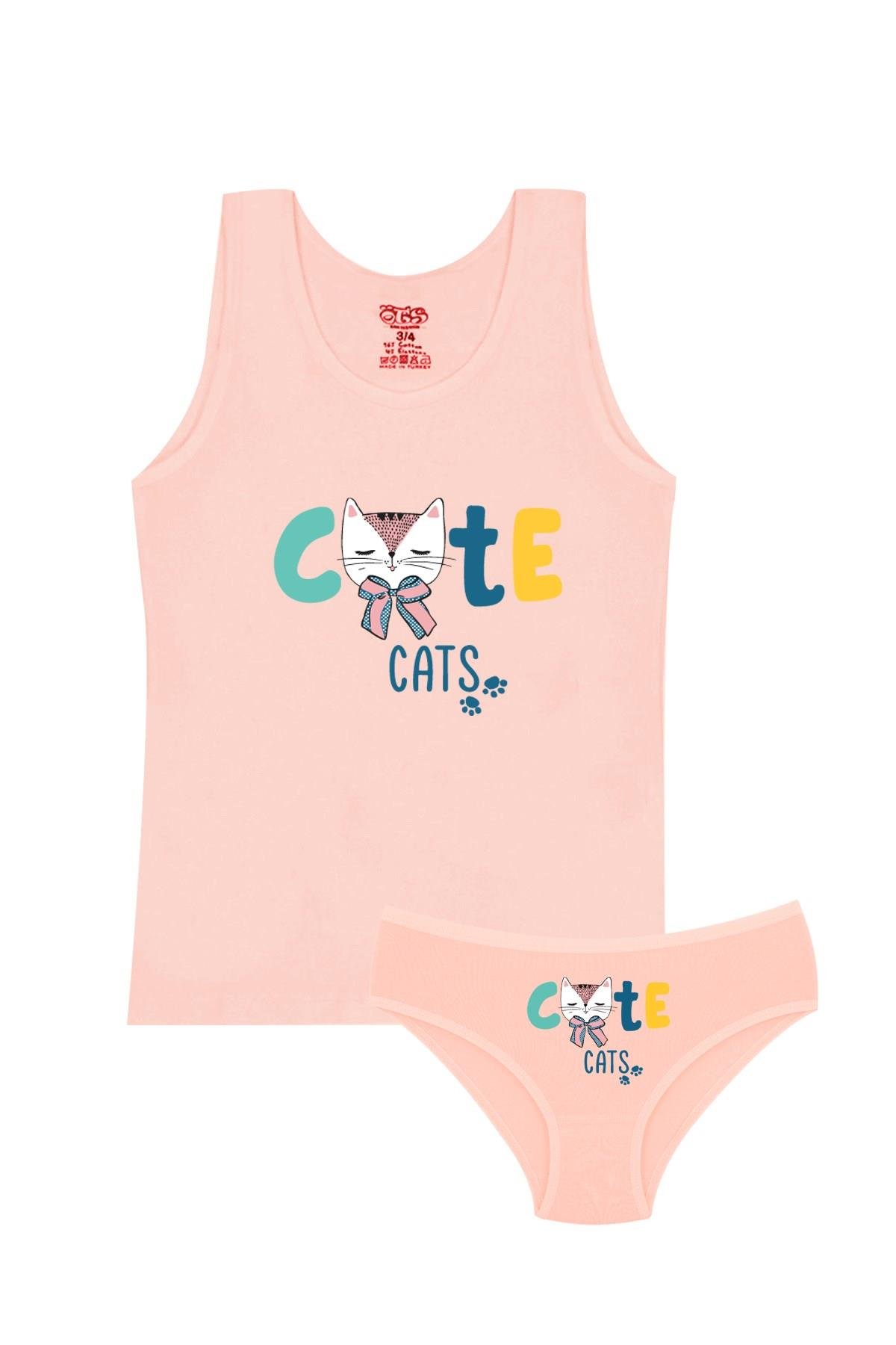 Öts Kız Çocuk Atlet Külot Likralı Somon Kedi (%96 Pamuk - %4 Elastan)