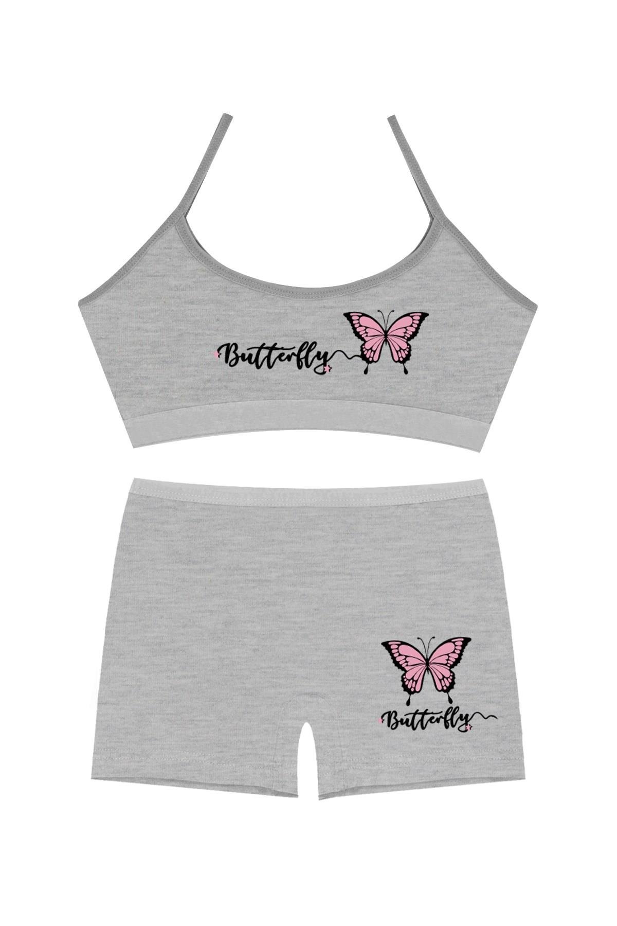 Öts Kız Çocuk Bustiyer Şort Likralı Gri Kelebek (%96 Pamuk - %4 Elastan)
