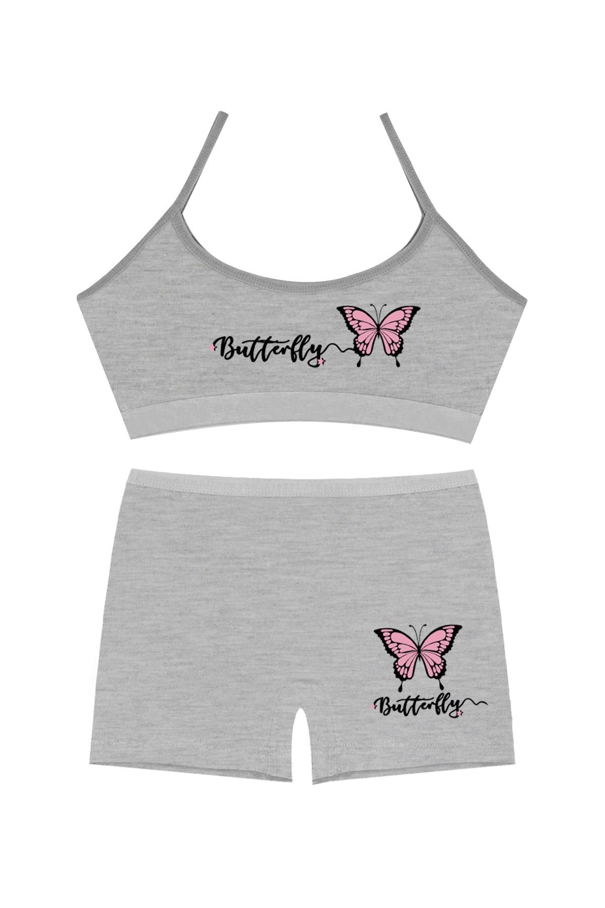 Öts Kız Çocuk Bustiyer Şort Likralı Gri Kelebek (%96 Pamuk - %4 Elastan)