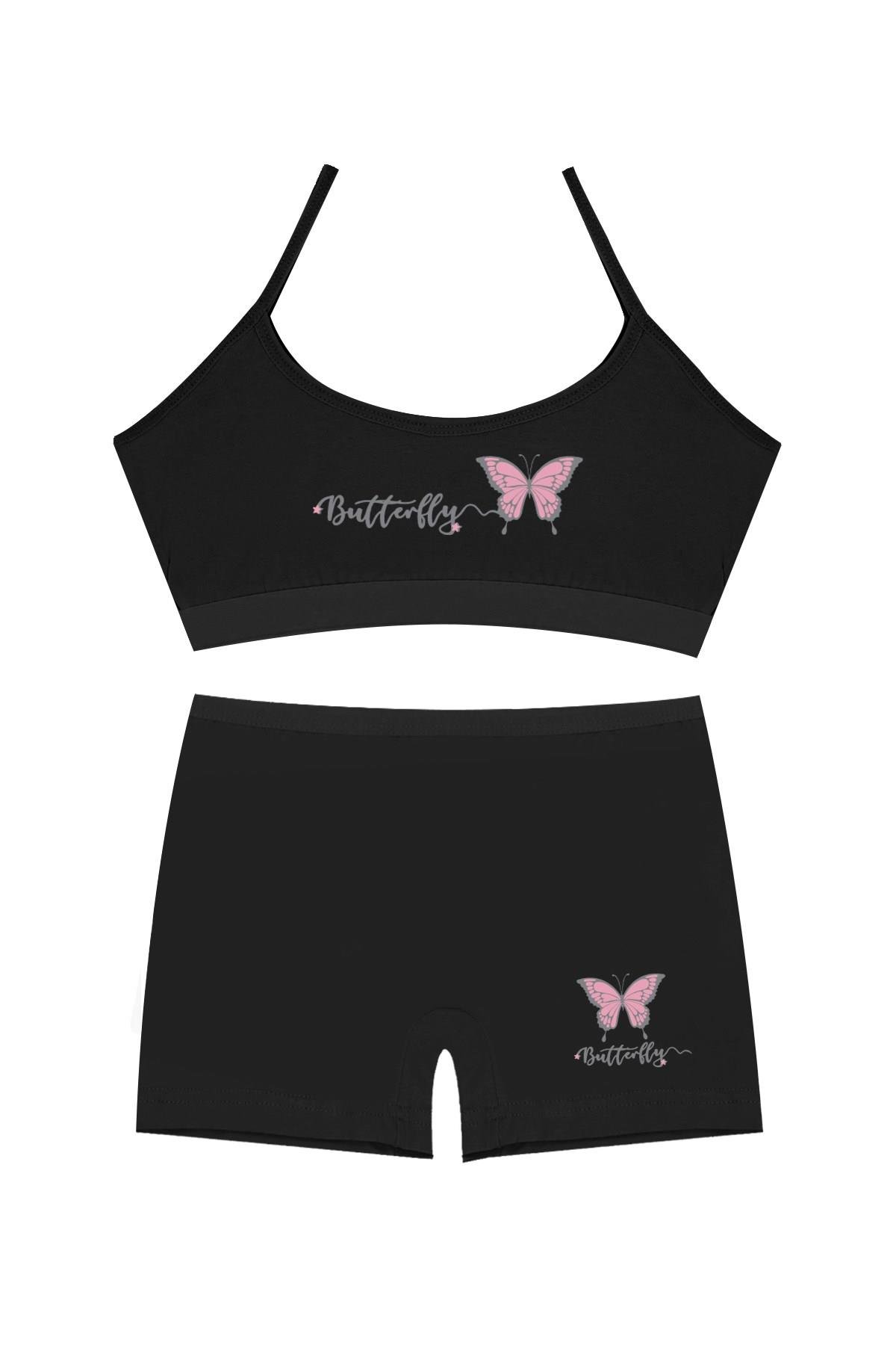 Öts Kız Çocuk Bustiyer Şort Likralı Siyah Kelebek (%96 Pamuk - %4 Elastan)