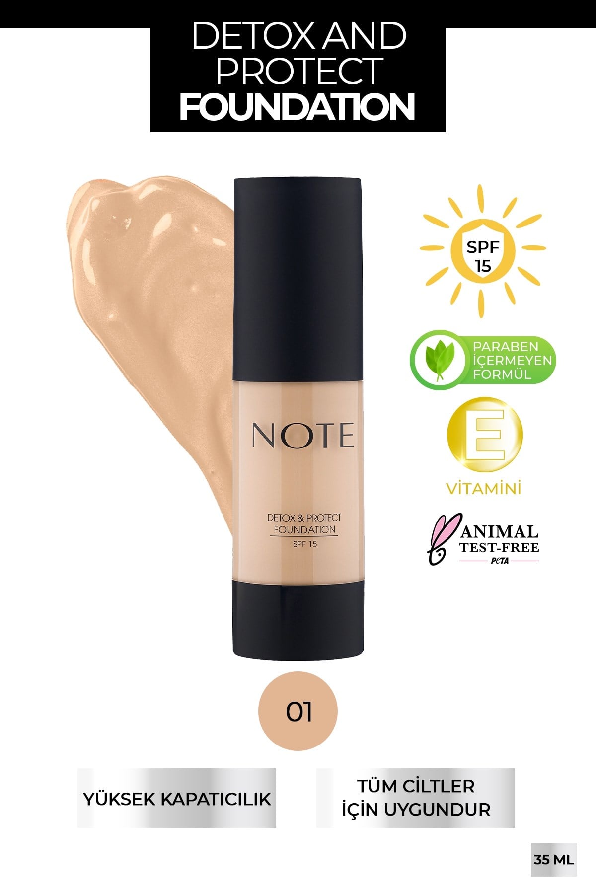 Note Detox & Protect Fondöten Canlandırıcı Etki 01 Beige
