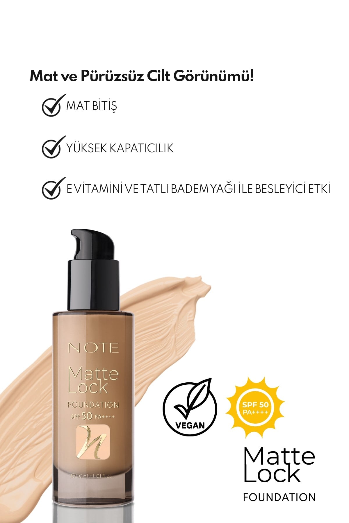 Note Matte Lock Foundation 100 Velvet Beige SPF 50 Yoğun Kapatıcı Mat Bitişli Fondöten-30111615