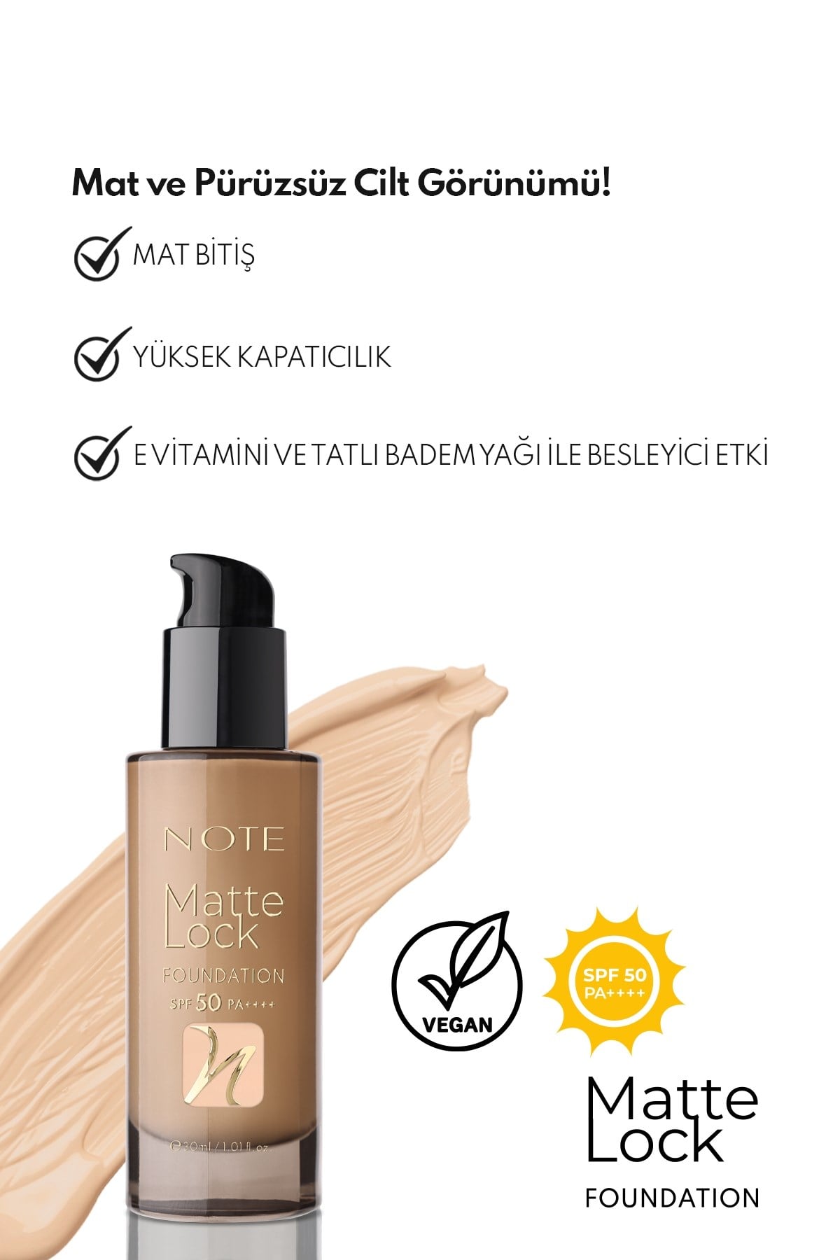 Note Matte Lock Foundation 110 Pure Beige SPF 50 Yoğun Kapatıcı Mat Bitişli Fondöten-30111616