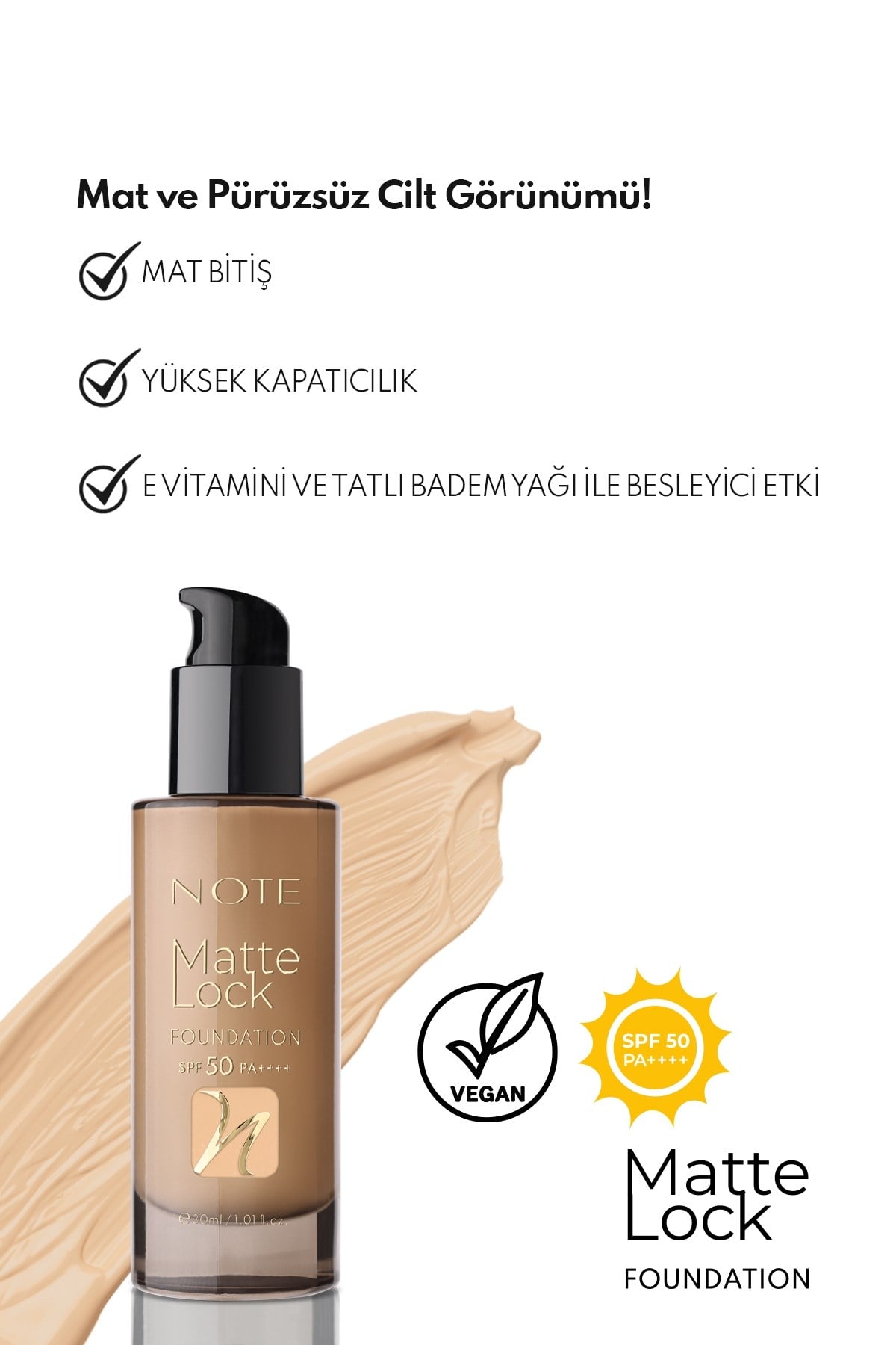 Note Matte Lock Foundation 120 Medium Beige SPF 50 Yoğun Kapatıcı Mat Bitişli Fondöten-30111617