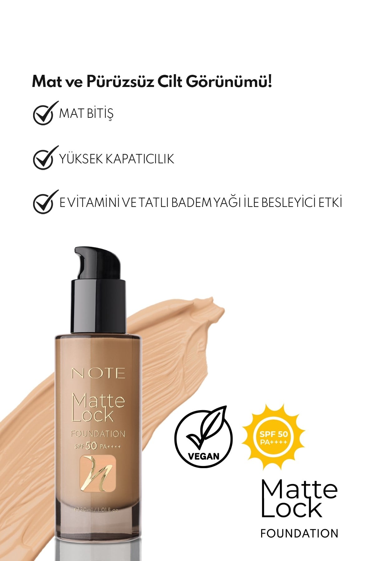 Note Matte Lock Foundation 130 Classic Beige SPF 50 Yoğun Kapatıcı Mat Bitişli Fondöten-30111618