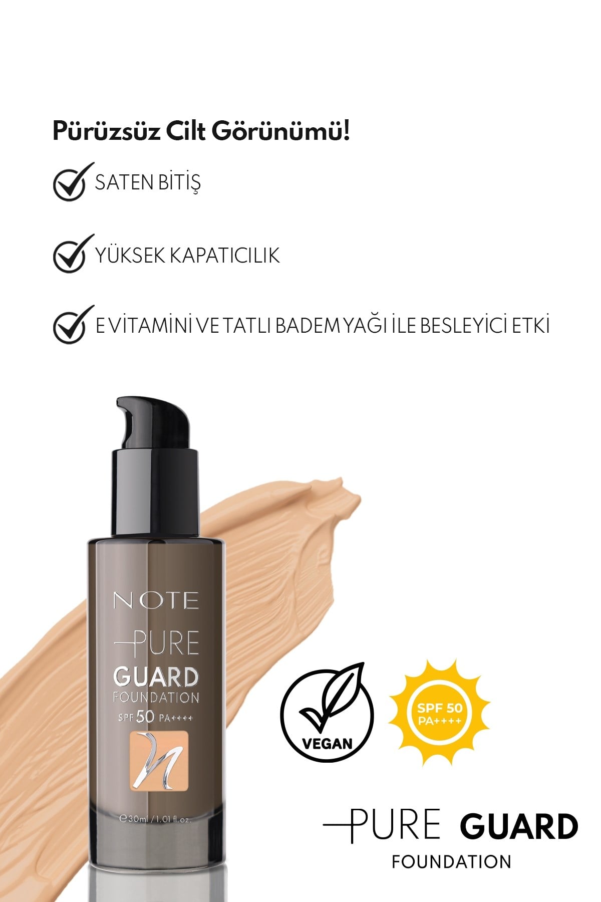 Note Pure Guard Foundation 130 Classic Beige SPF 50 Yoğun Kapatıcı Saten Bitişli Fondöten-30111625