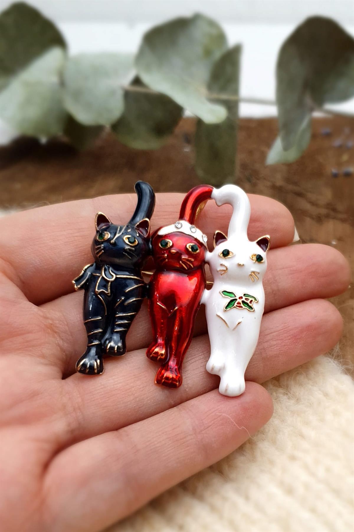 3 Kedi Yaka İğnesi - Kedi Figürlü Broş