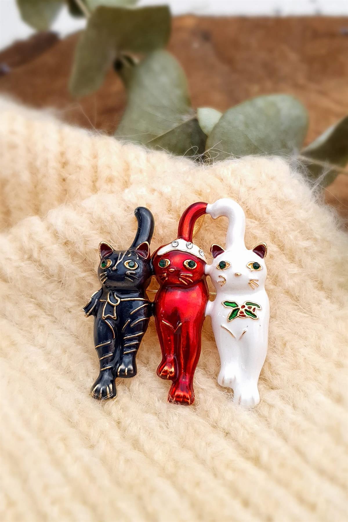 3 Kedi Yaka İğnesi - Kedi Figürlü Broş