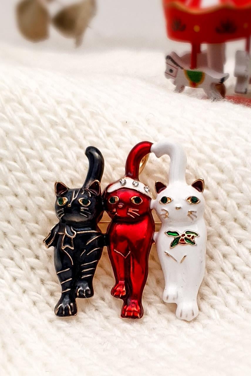 3 Mutlu Kedi Broş - Yaka İğnesi - Yılbaşı