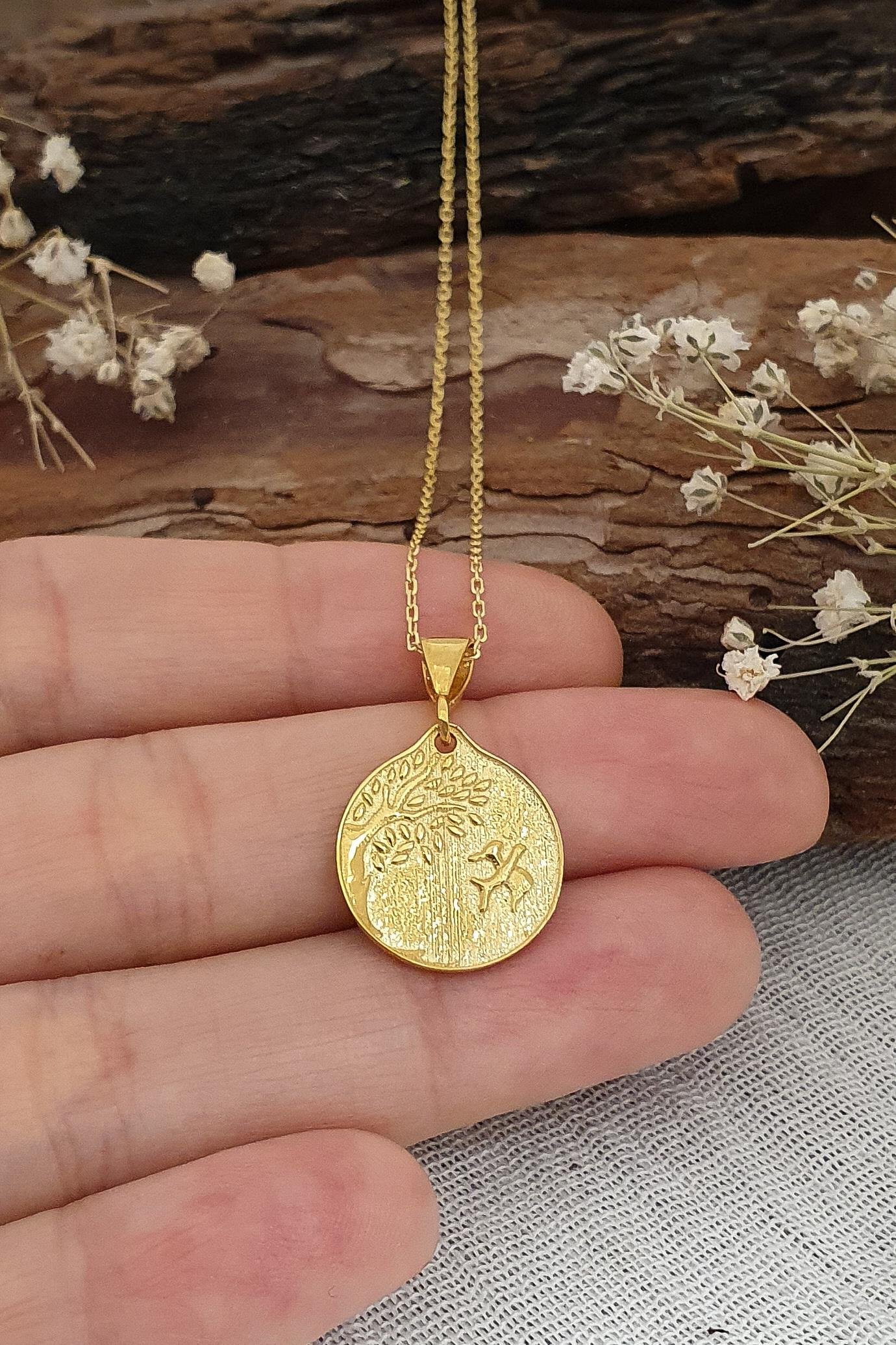 Ağaç ve Martı Kolye Gümüş Üzeri Altın Kaplama  El Yapımı