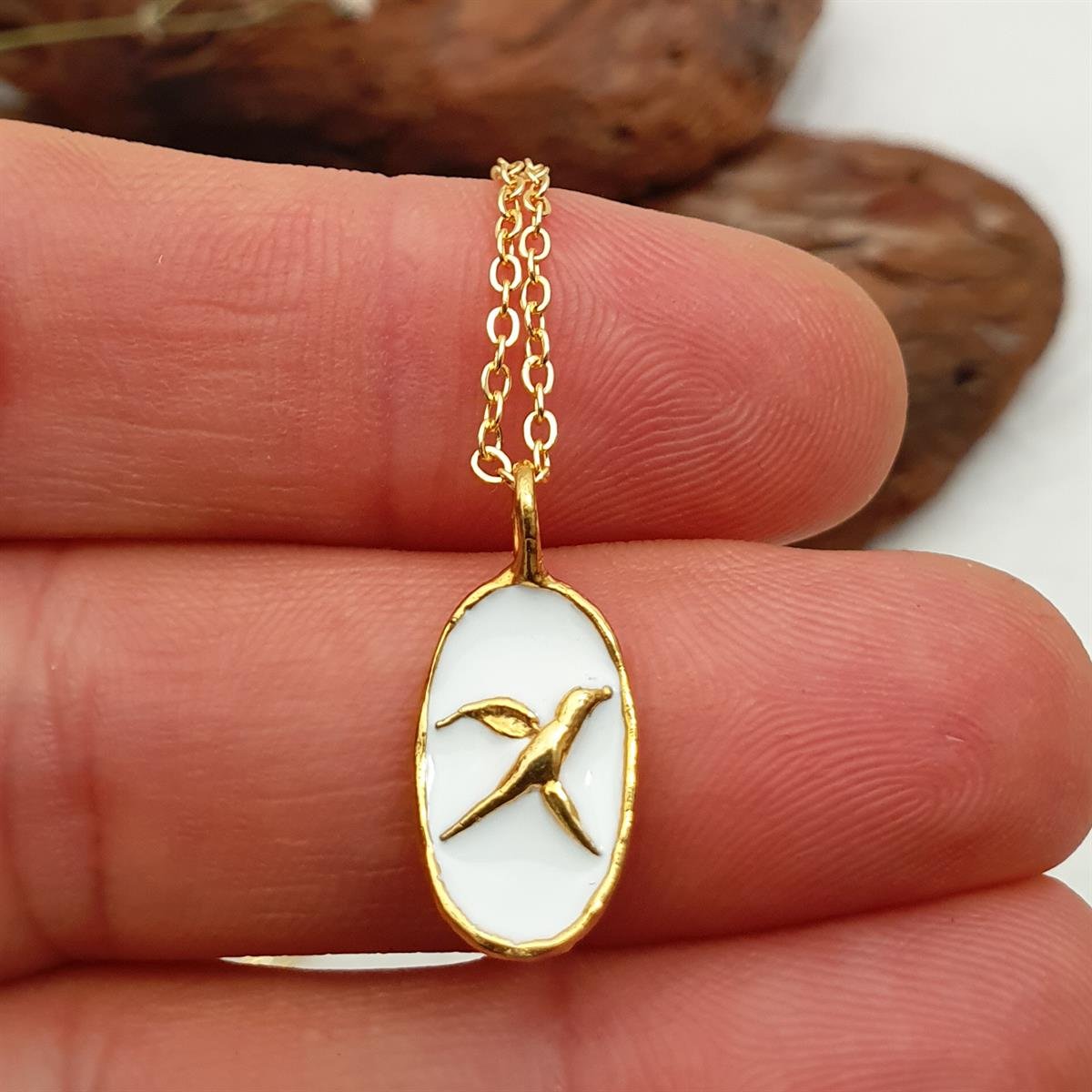 Anka Kuşu Kolye - Beyaz Mineli - El Yapımı - Bronz Üzeri 22K Altın Kaplama