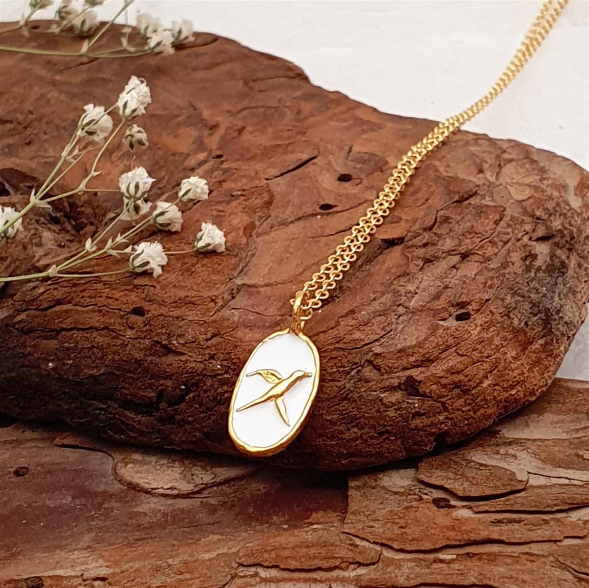 Anka Kuşu Kolye - Beyaz Mineli - El Yapımı - Bronz Üzeri 22K Altın Kaplama