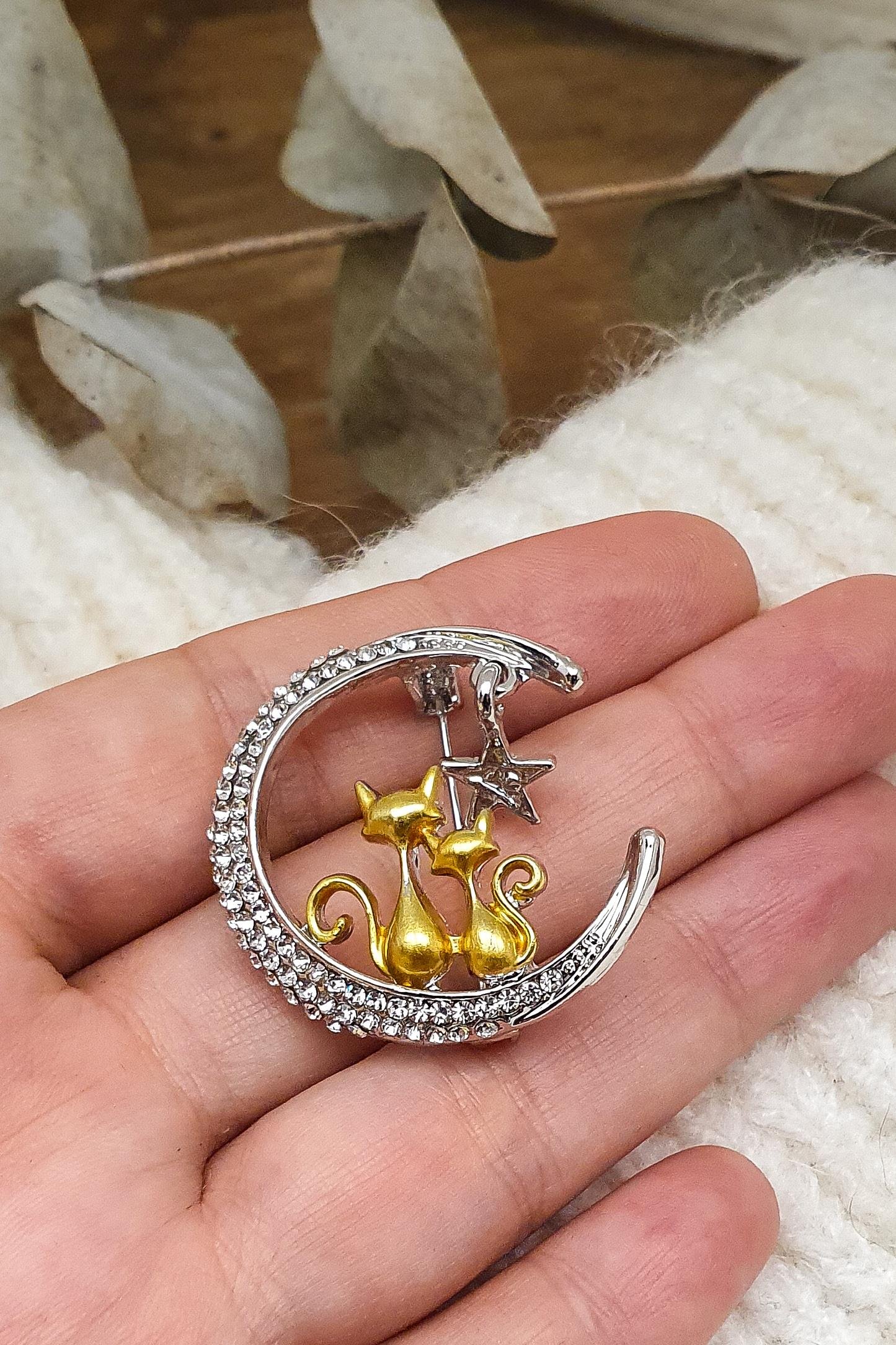 Aşık Kediler Broş - Yaka İğnesi - Zirkon Taşlı