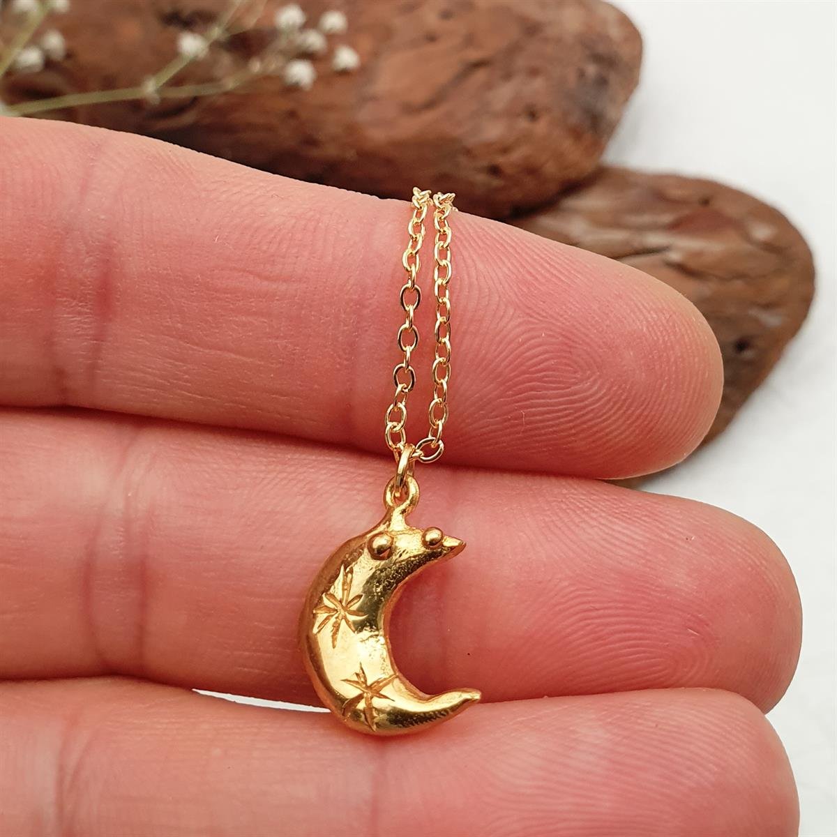 Ay Kolye - El Yapımı - Bronz Üzeri 22K Altın Kaplama