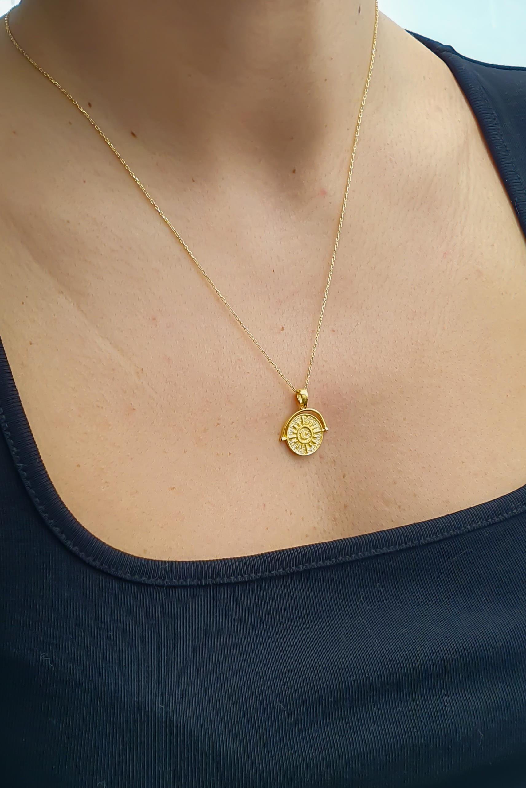 Ay ve Güneş Kolye Gümüş Üzeri Altın Kaplama El Yapımı