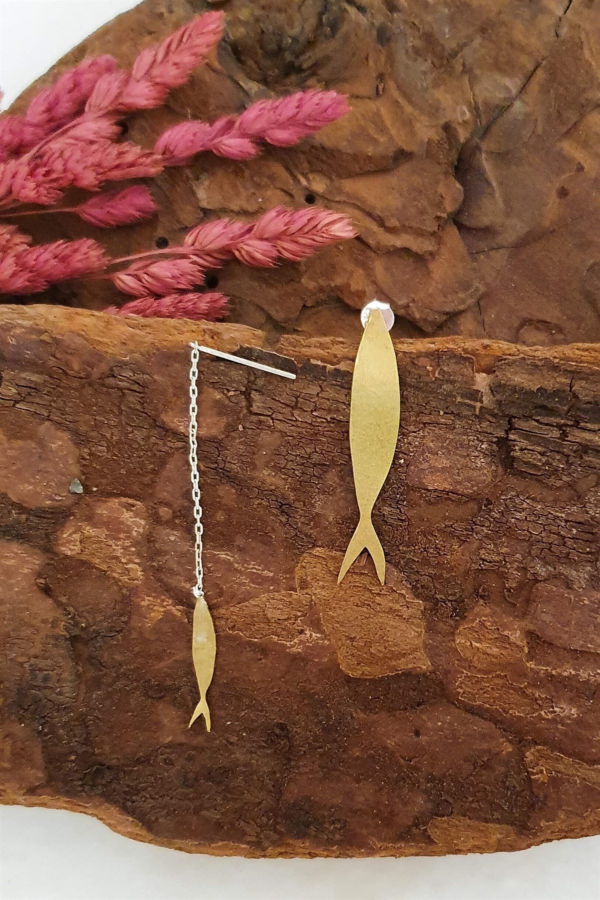 Balık Asimetrik Küpe - El Yapımı - Pirinç