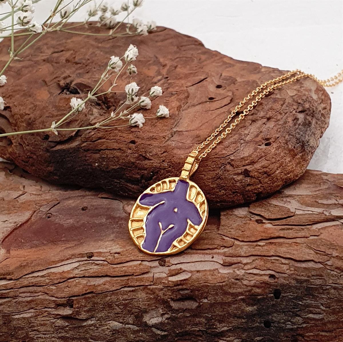 Bereket Tanrıçası Kolye - Mor Mineli - El Yapımı - Bronz Üzeri 22K Altın Kaplama