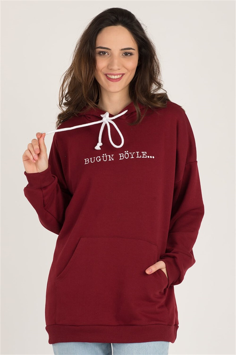 BORDO KAPÜŞONLU BUGÜN BÖYLE SWEATSHIRT