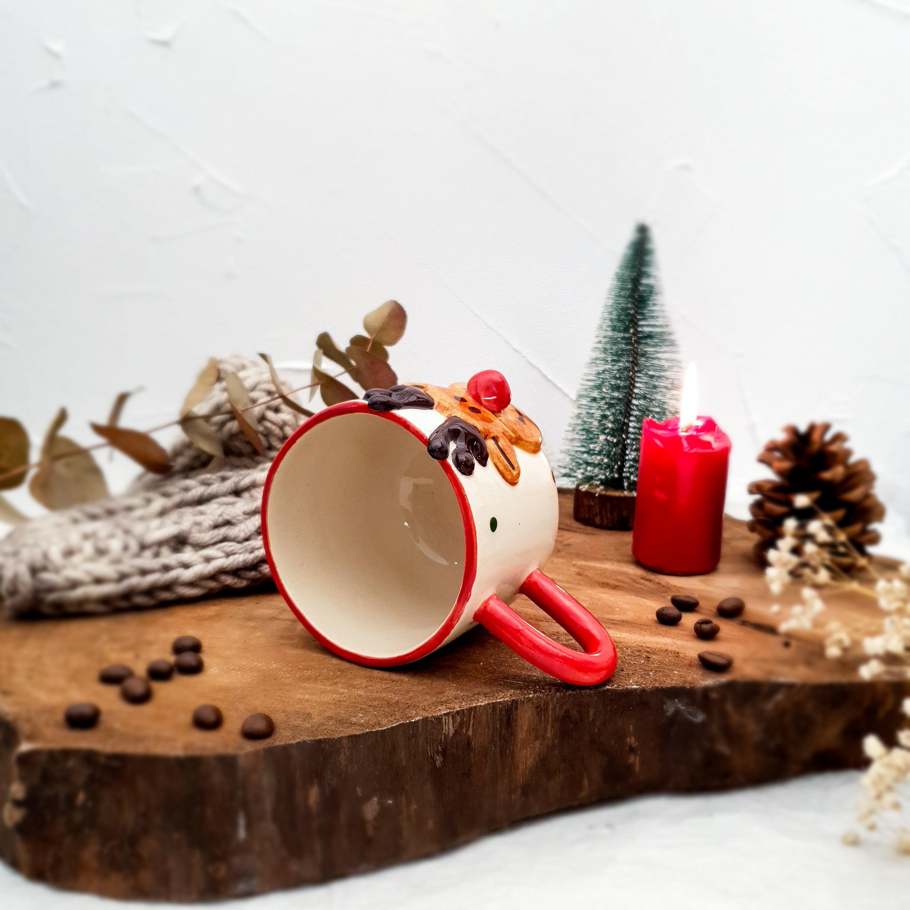 Geyikli Kahve Fincanı - Yılbaşı Temalı - El Yapımı Seramik - Duble Boy