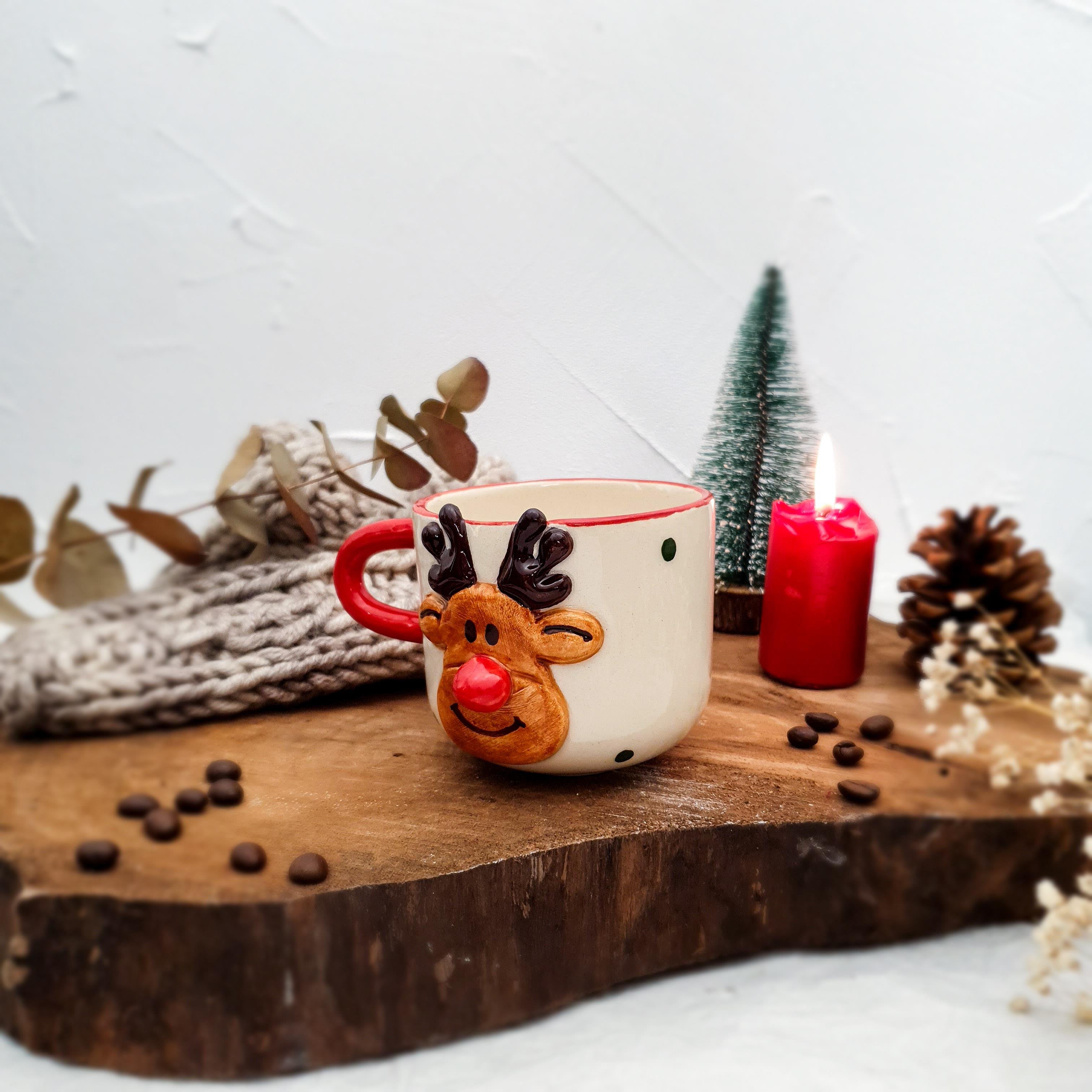 Geyikli Kahve Fincanı - Yılbaşı Temalı - El Yapımı Seramik - Duble Boy
