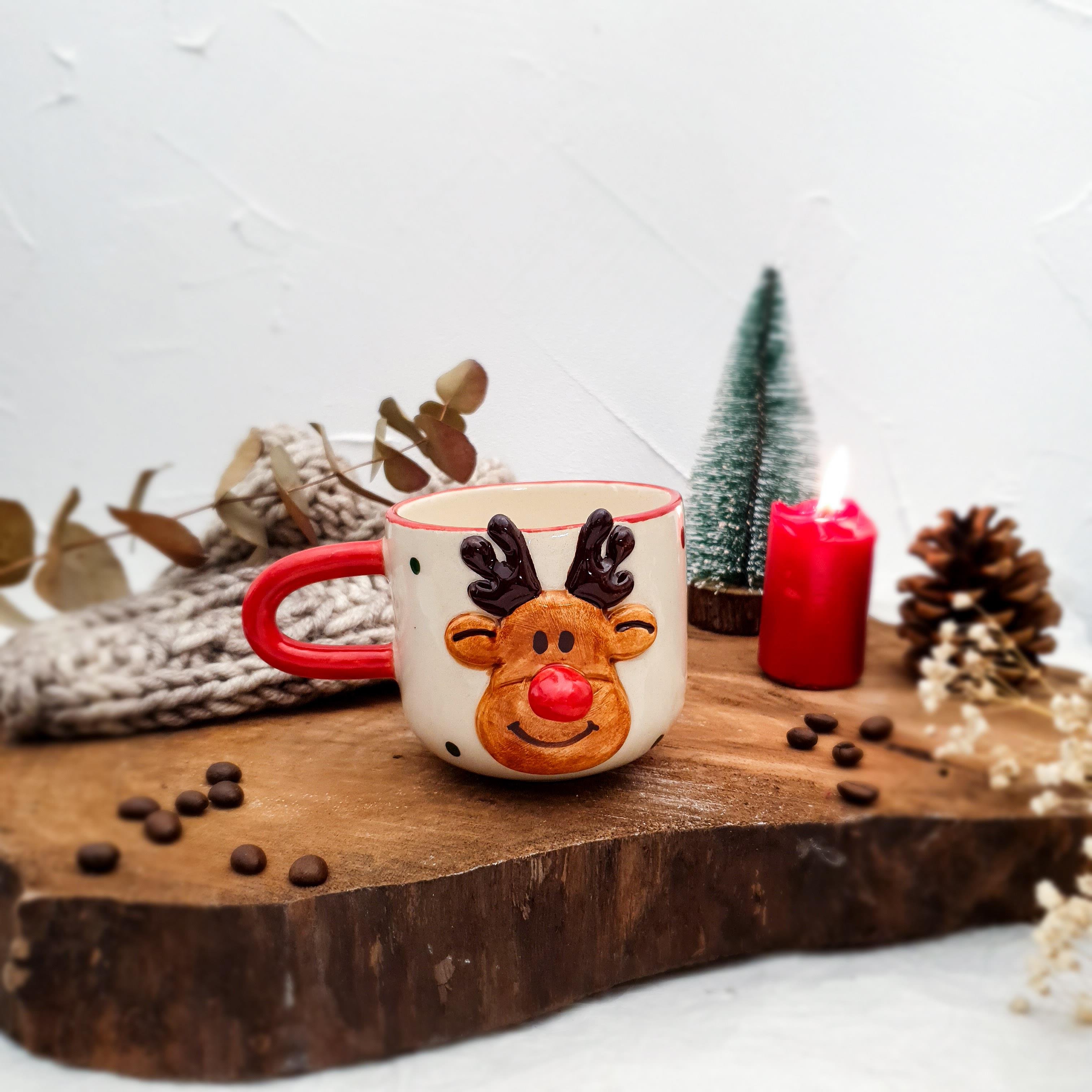 Geyikli Kahve Fincanı - Yılbaşı Temalı - El Yapımı Seramik - Duble Boy