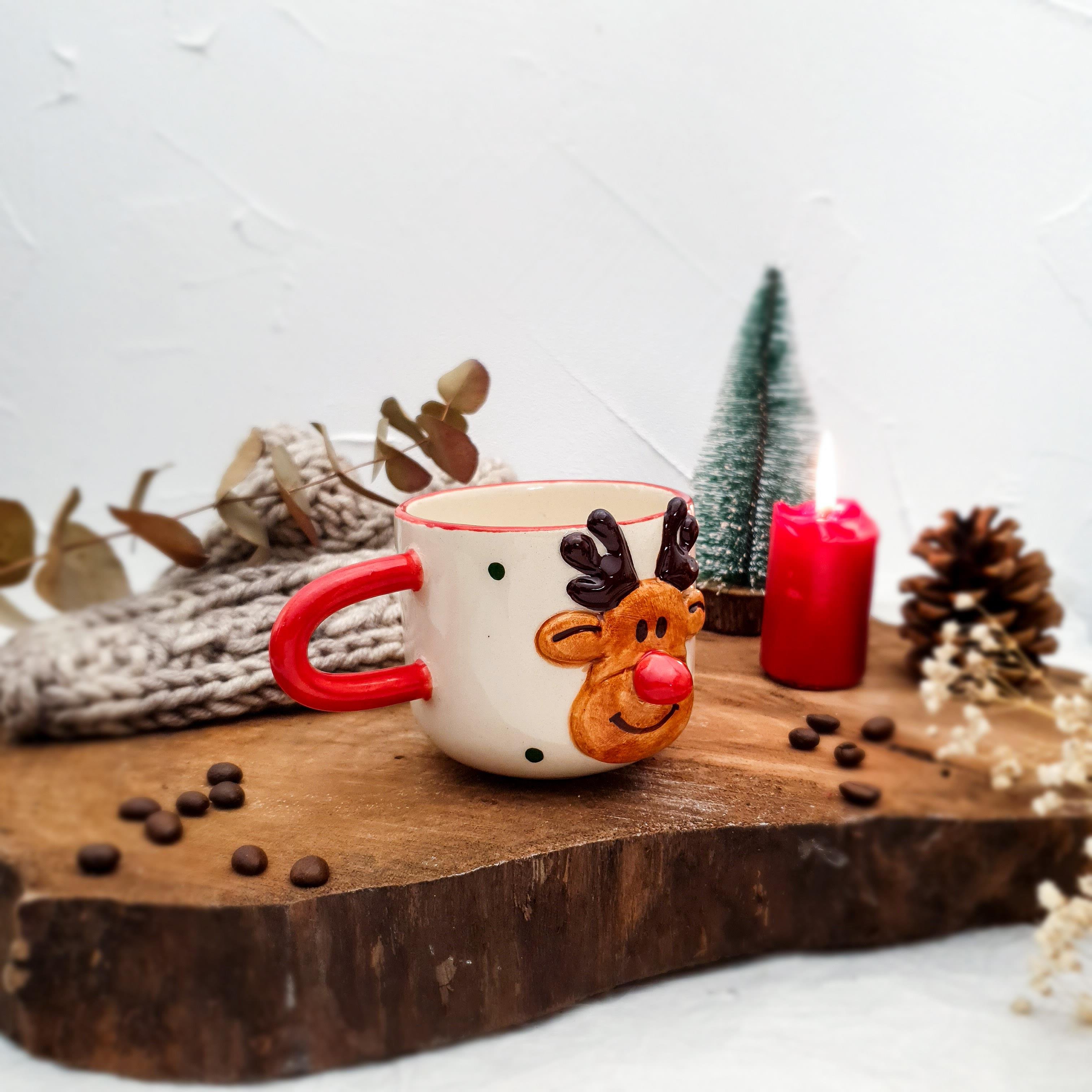 Geyikli Kahve Fincanı - Yılbaşı Temalı - El Yapımı Seramik - Duble Boy