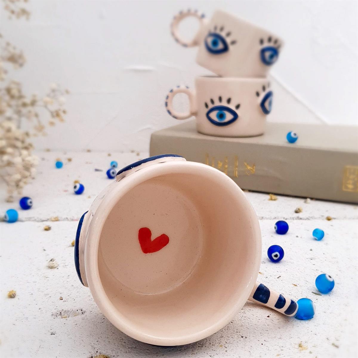Göz Figürlü Nazar Kahve Fincanı - El Yapımı Seramik
