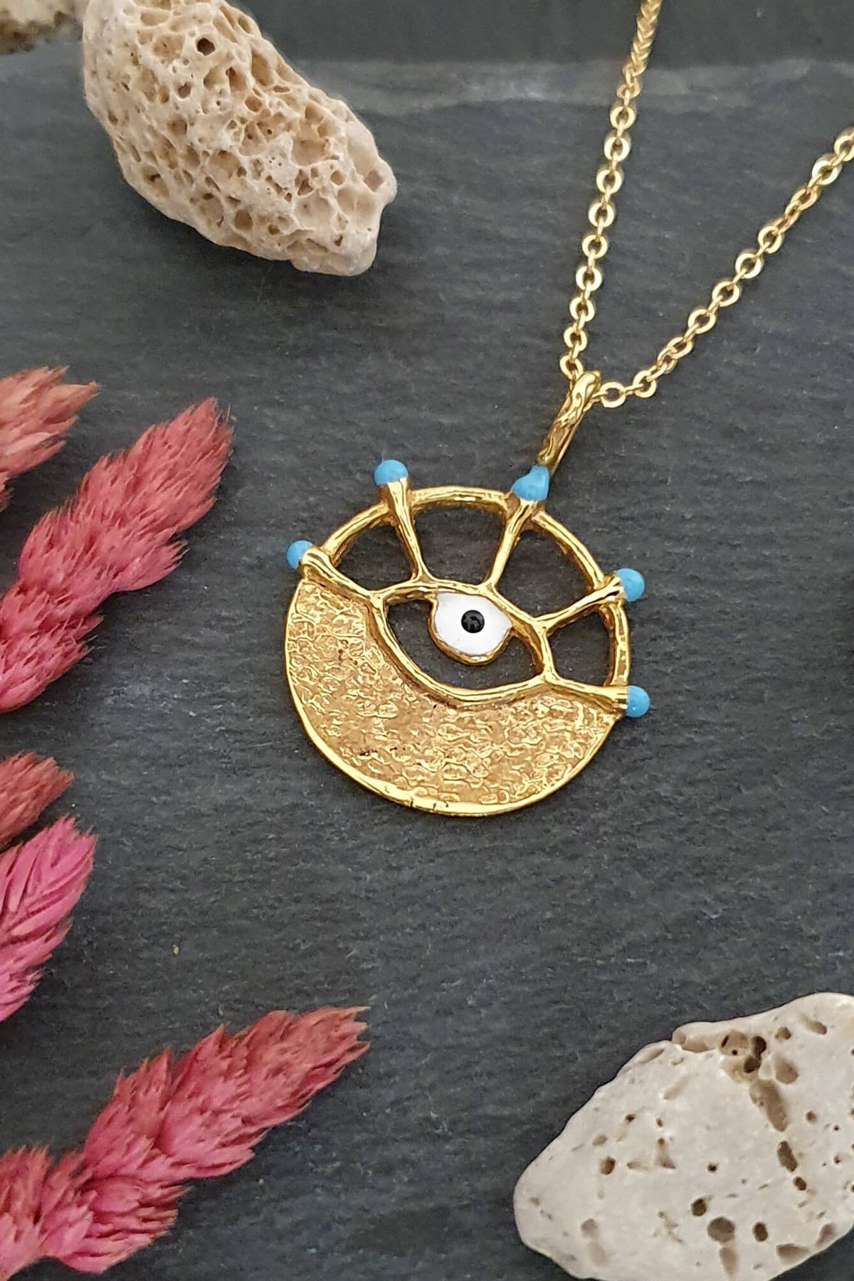 Göz Figürlü Yuvarlak Kolye - El Yapımı - Bronz Üzeri 22K Altın Kaplama