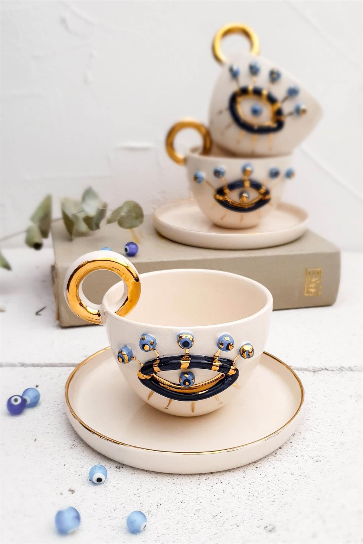 Göz Fincan - Evil Eye Türk Kahvesi Fincanı - 24K Altın Detaylı - El Yapımı Seramik
