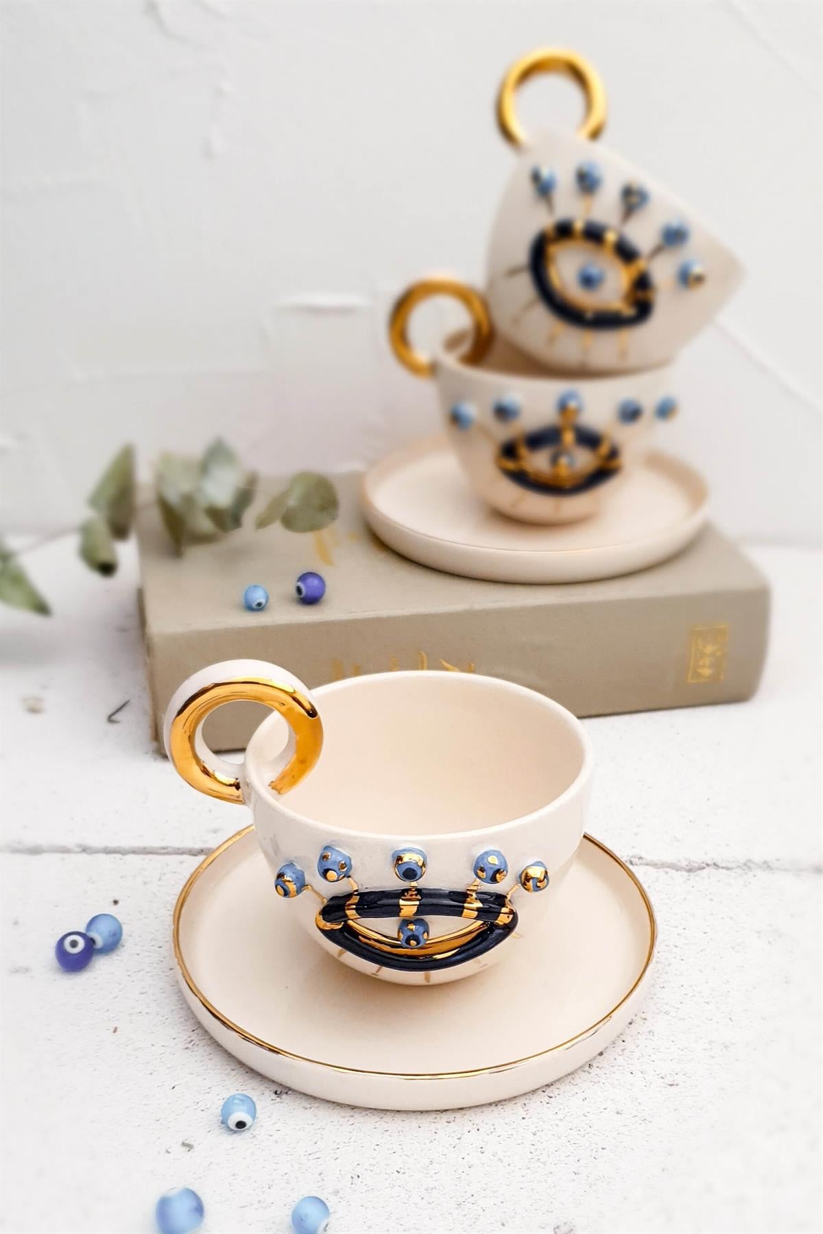 Göz Fincan - Evil Eye Türk Kahvesi Fincanı - 24K Altın Detaylı - El Yapımı Seramik