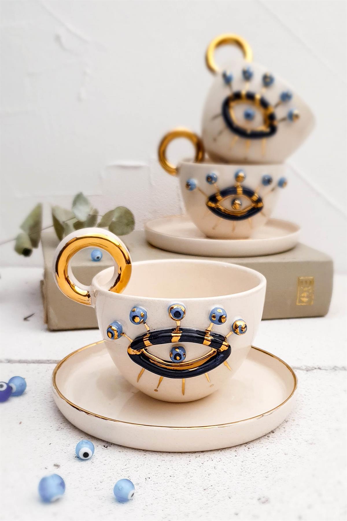 Göz Fincan - Evil Eye Türk Kahvesi Fincanı - 24K Altın Detaylı - El Yapımı Seramik