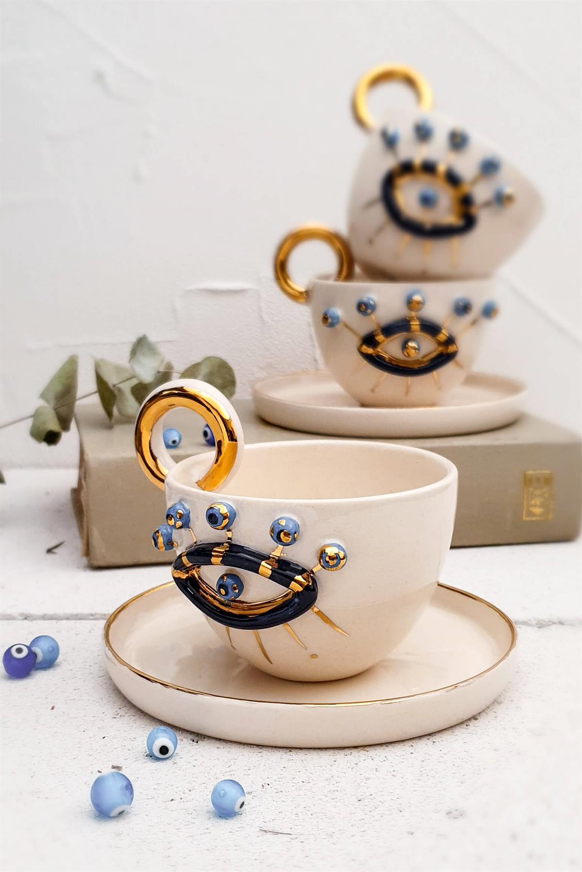Göz Fincan - Evil Eye Türk Kahvesi Fincanı - 24K Altın Detaylı - El Yapımı Seramik