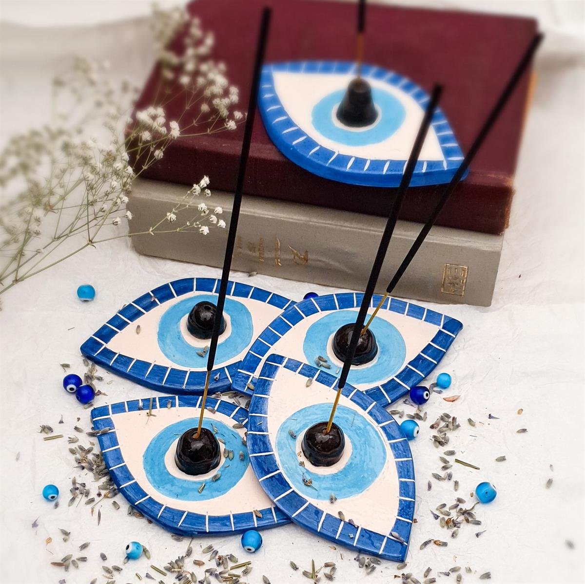 Göz Tütsülük - El Yapımı Seramik - Nazar - Göz Figürlü Tütsü Tabağı - Mavi Renk