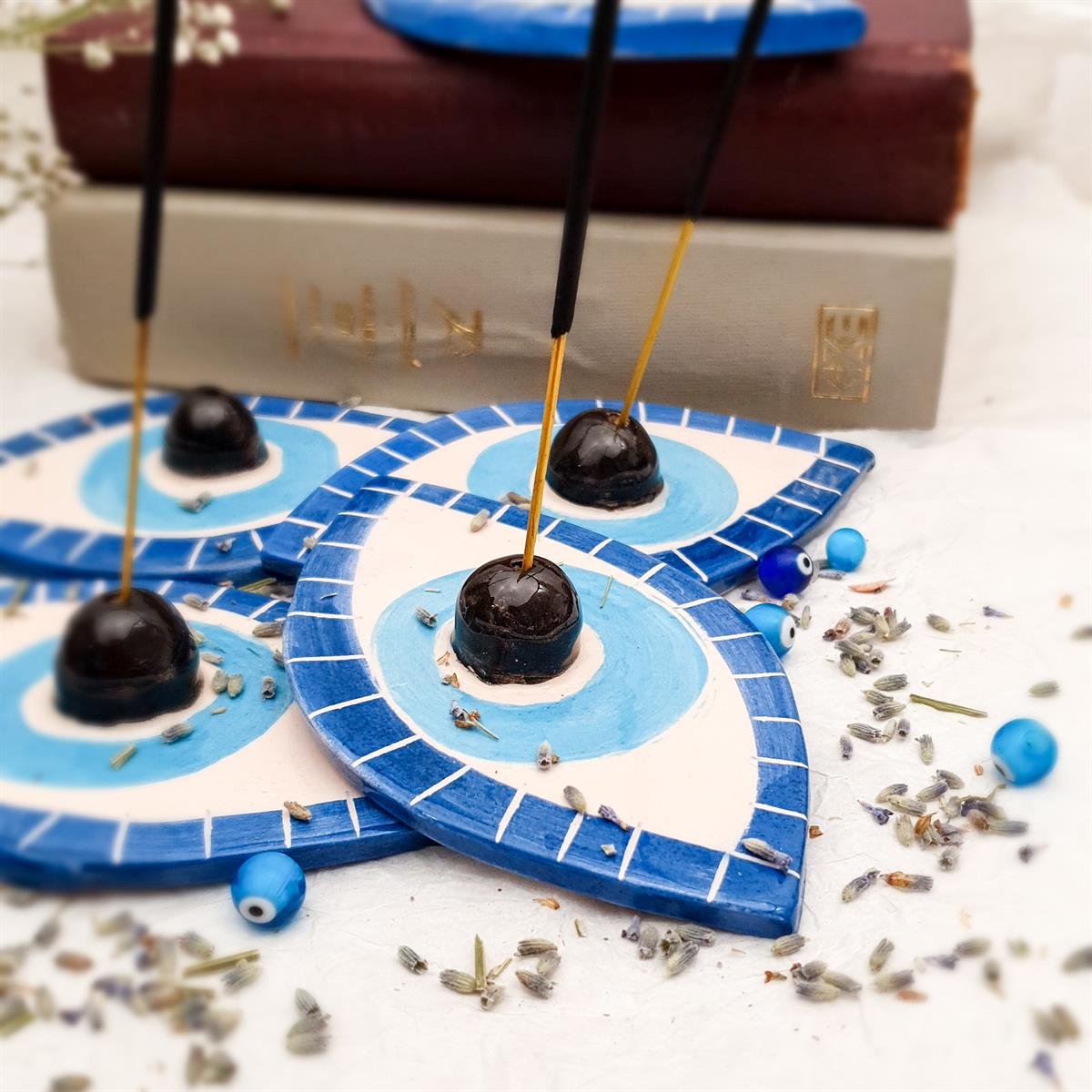 Göz Tütsülük - El Yapımı Seramik - Nazar - Göz Figürlü Tütsü Tabağı - Mavi Renk