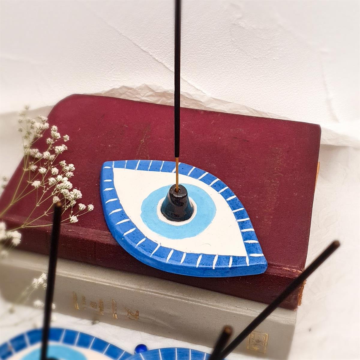 Göz Tütsülük - El Yapımı Seramik - Nazar - Göz Figürlü Tütsü Tabağı - Mavi Renk