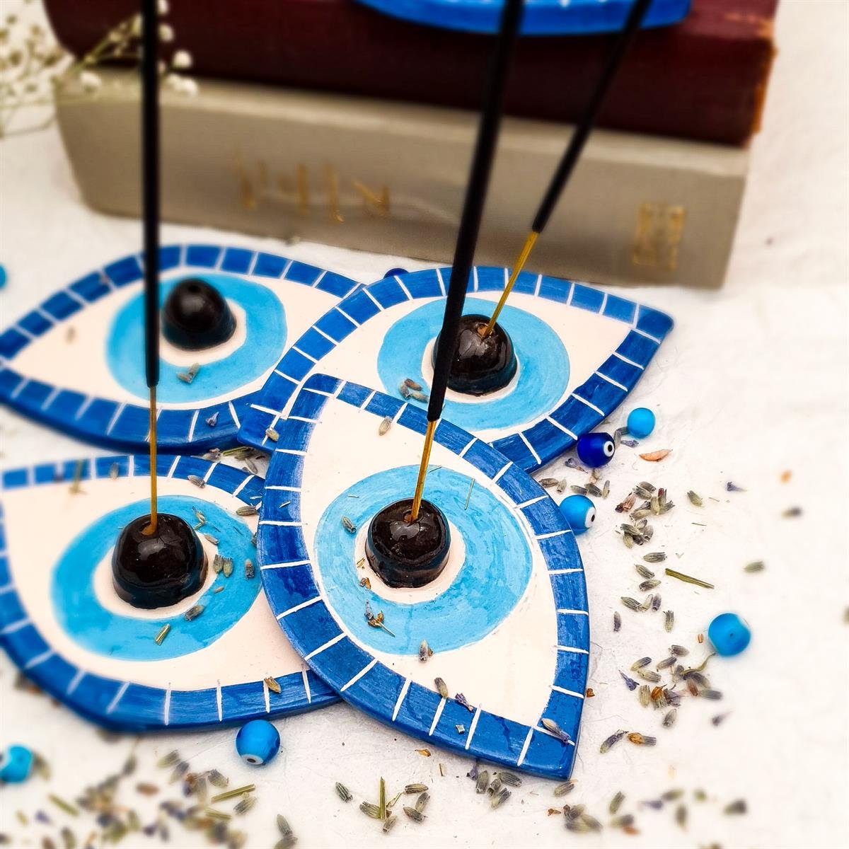 Göz Tütsülük - El Yapımı Seramik - Nazar - Göz Figürlü Tütsü Tabağı - Mavi Renk