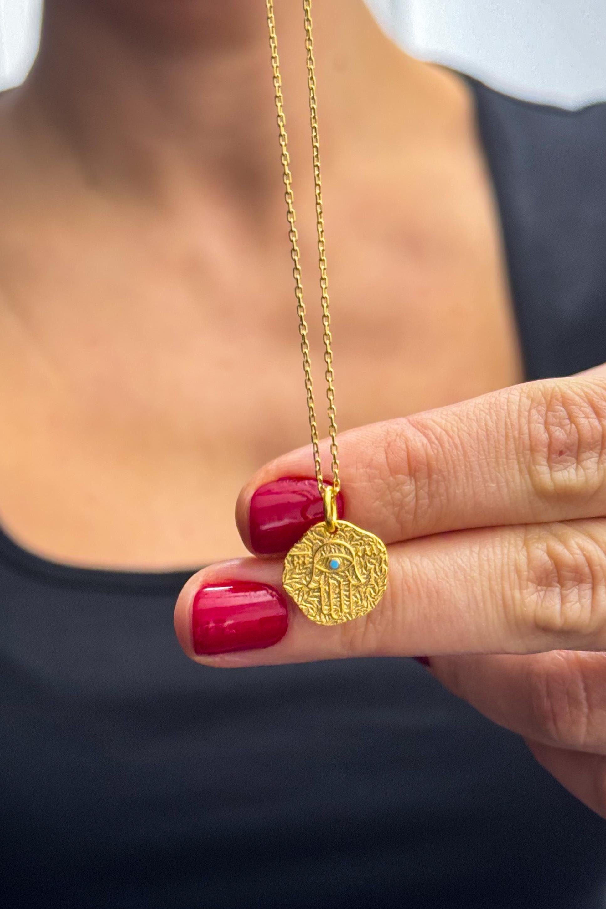 Hamsa Kolye Fatmanın Eli Doğal Taşlı Gümüş Üzeri Altın Kaplama Kolye