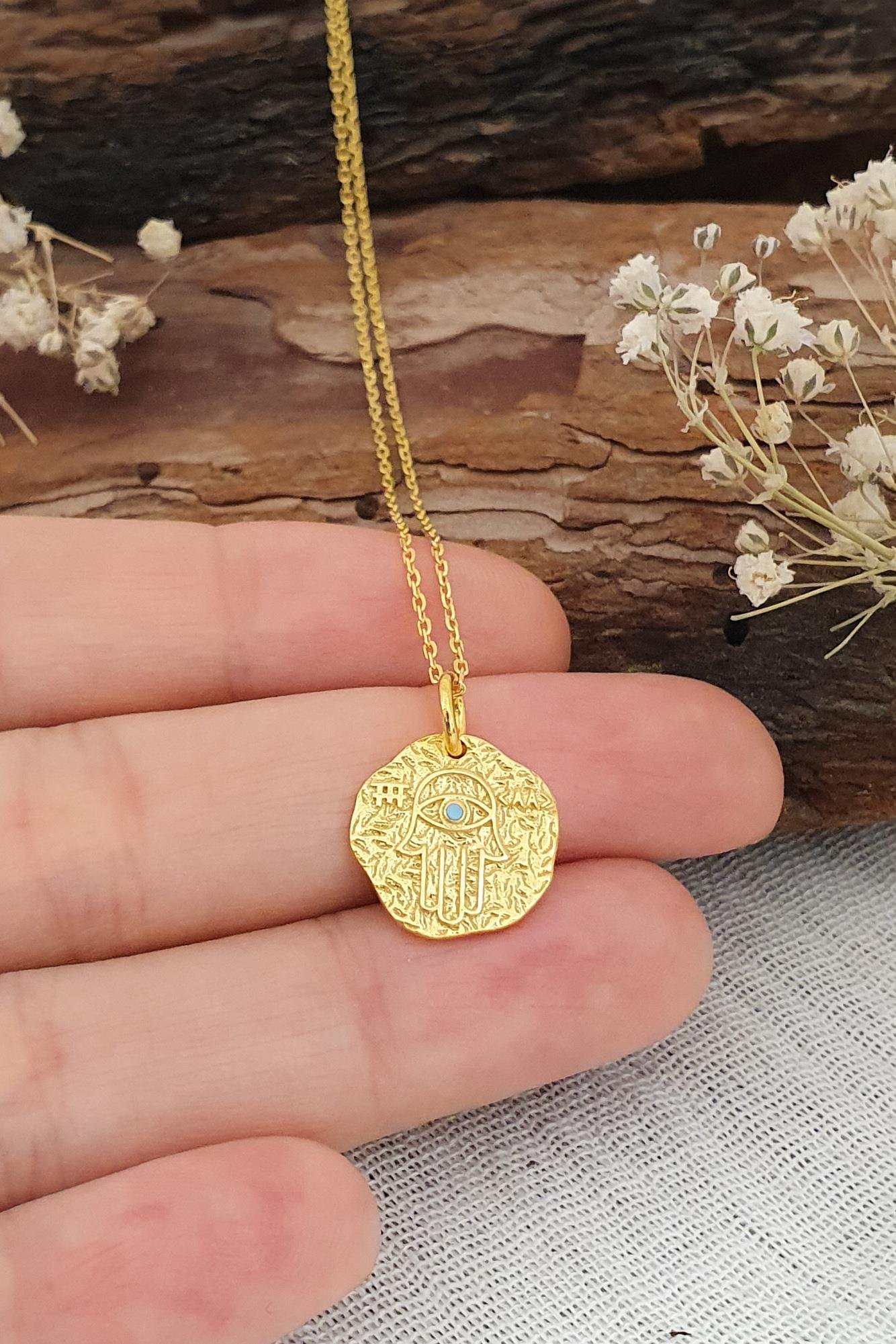 Hamsa Kolye Fatmanın Eli Doğal Taşlı Gümüş Üzeri Altın Kaplama Kolye
