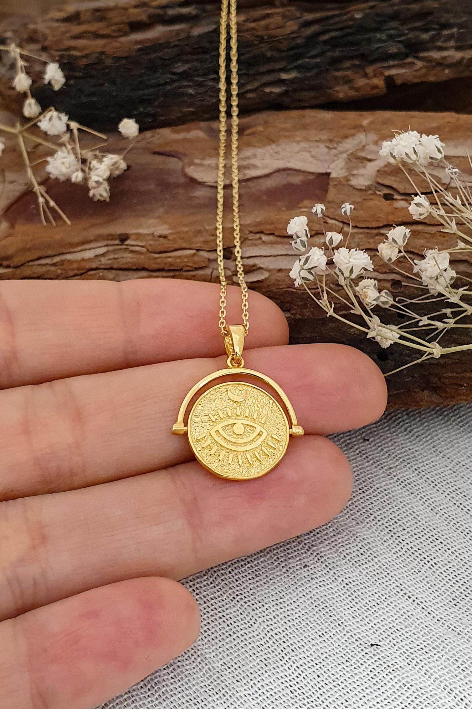 Her Şeyi Gören Göz Kolye Gümüş Üzeri Altın Kaplama El Yapımı