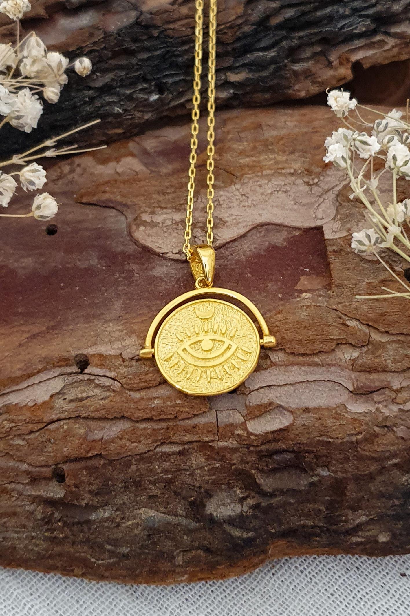 Her Şeyi Gören Göz Kolye Gümüş Üzeri Altın Kaplama El Yapımı