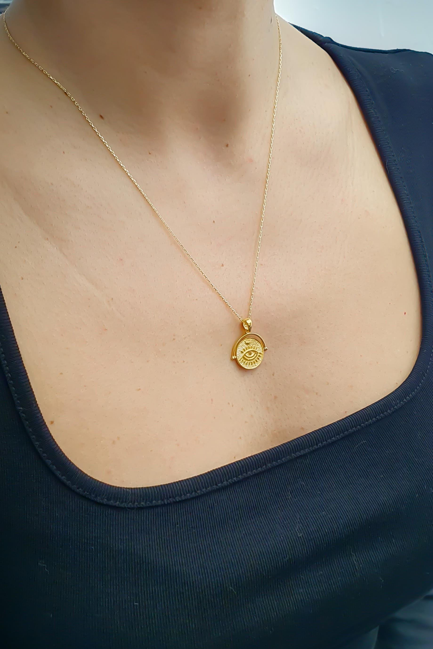 Her Şeyi Gören Göz Kolye Gümüş Üzeri Altın Kaplama El Yapımı