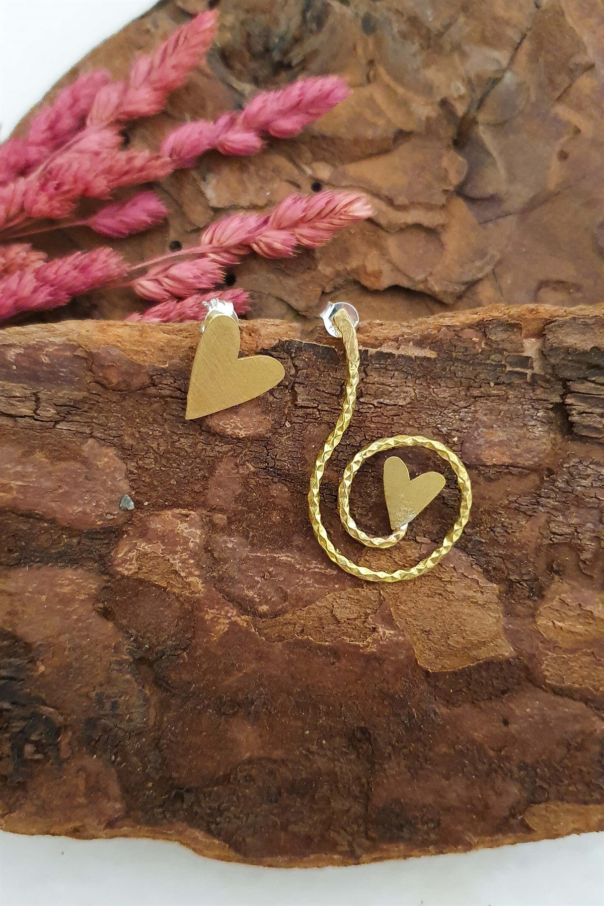 Kalp Asimetrik Küpe - El Yapımı - Pirinç