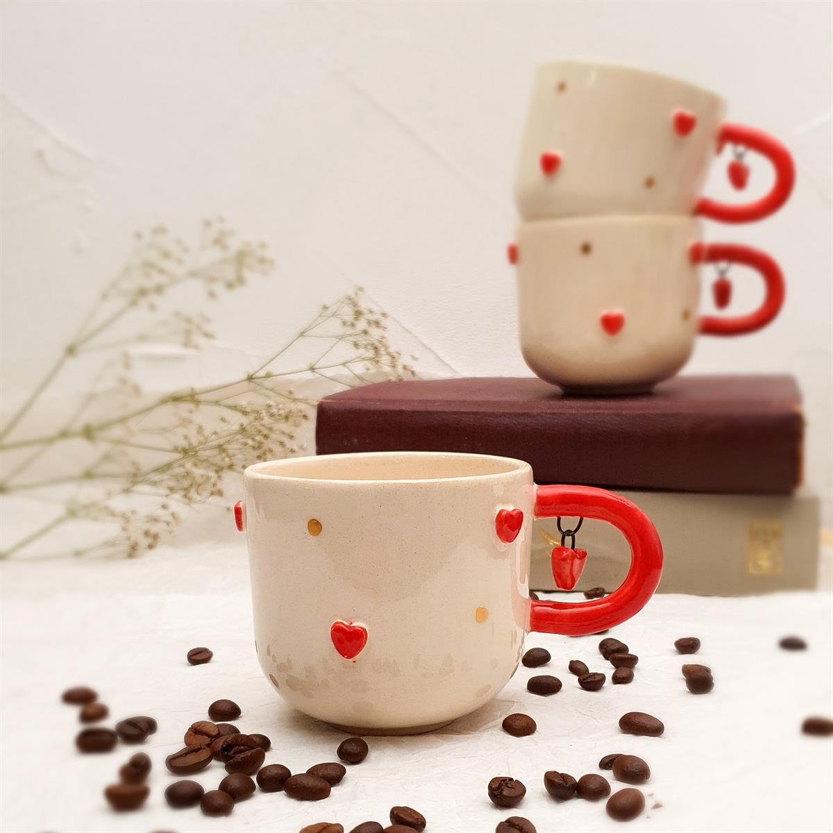 Kalp Küpeli Duble Fincan - Seramik - El Yapımı
